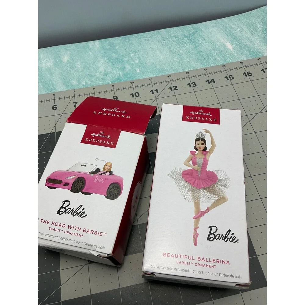 Hallmark Keepsake Barbie Ornaments 2017 Ballerina & 2018 Pink Convertible Set
